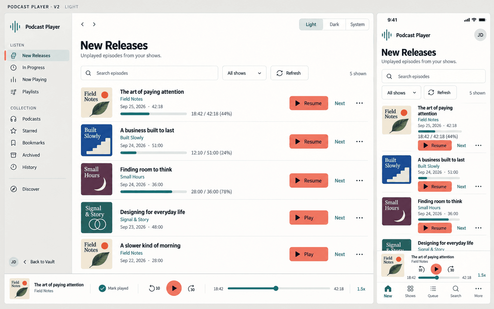 AI-generated Podcast Player concept showing desktop and mobile New Releases layouts with teal navigation and coral playback controls